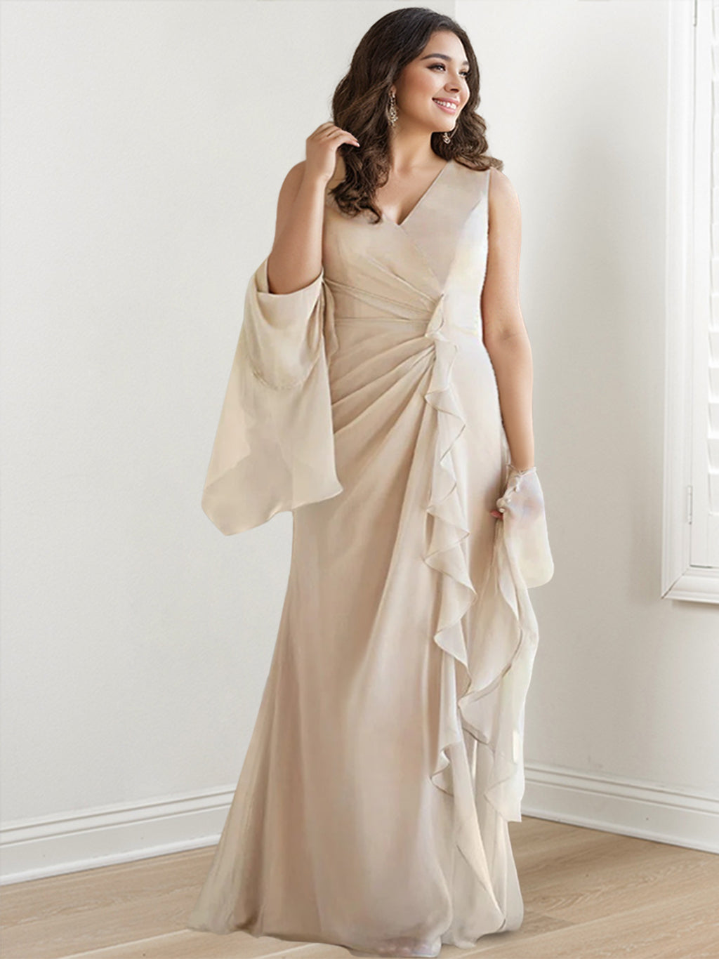 V-Neck Sleeveless Plus Size Mother of the Bride Sheath Dress with Floor-Length Ruffles & Wraps