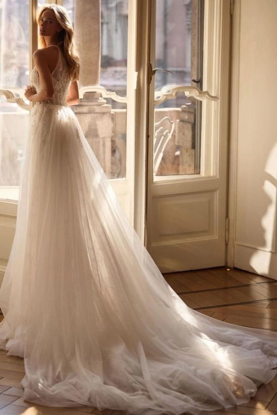 V-Neck Spaghetti Strap Criss-Cross Back Illusion 3D Lace Floral Crystal Corset Front Slit A-Line Wedding Dress Chapel Train