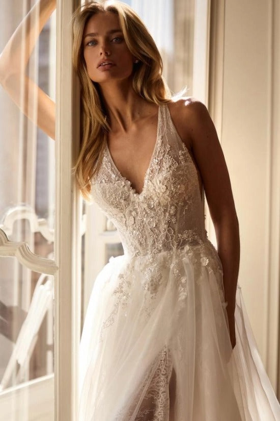 V-Neck Spaghetti Strap Criss-Cross Back Illusion 3D Lace Floral Crystal Corset Front Slit A-Line Wedding Dress Chapel Train