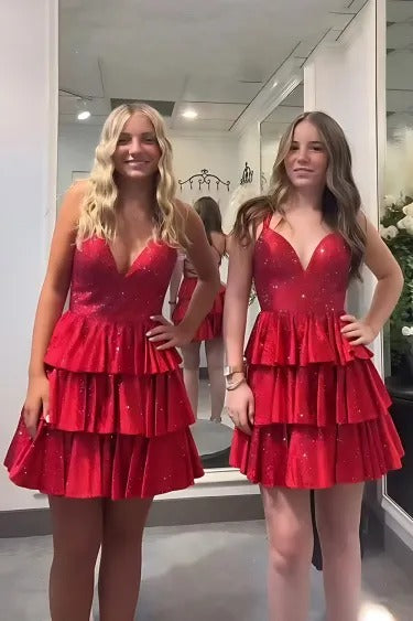 V-Neck Spaghetti Strap Glitter Rhinestone Tiered Ruffle A-Line Homecoming Dress Lace-Up Mini