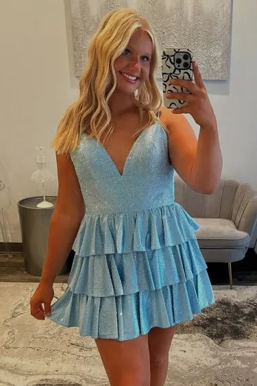 V-Neck Spaghetti Strap Glitter Rhinestone Tiered Ruffle A-Line Homecoming Dress Lace-Up Mini