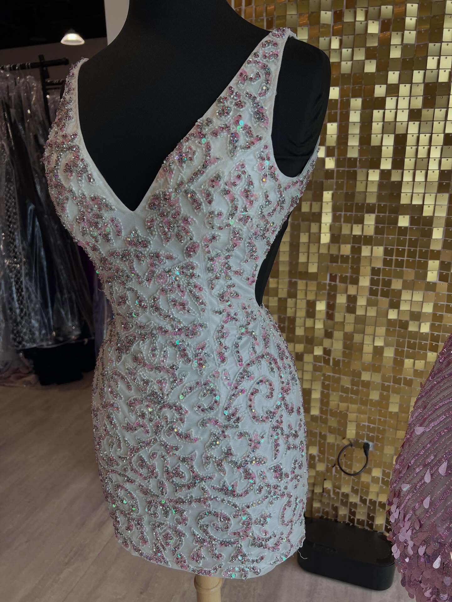V-Neck Spaghetti Strap Rhinestone Baroque Scroll Bodycon Homecoming Dress Lace-Up Open Back Mini