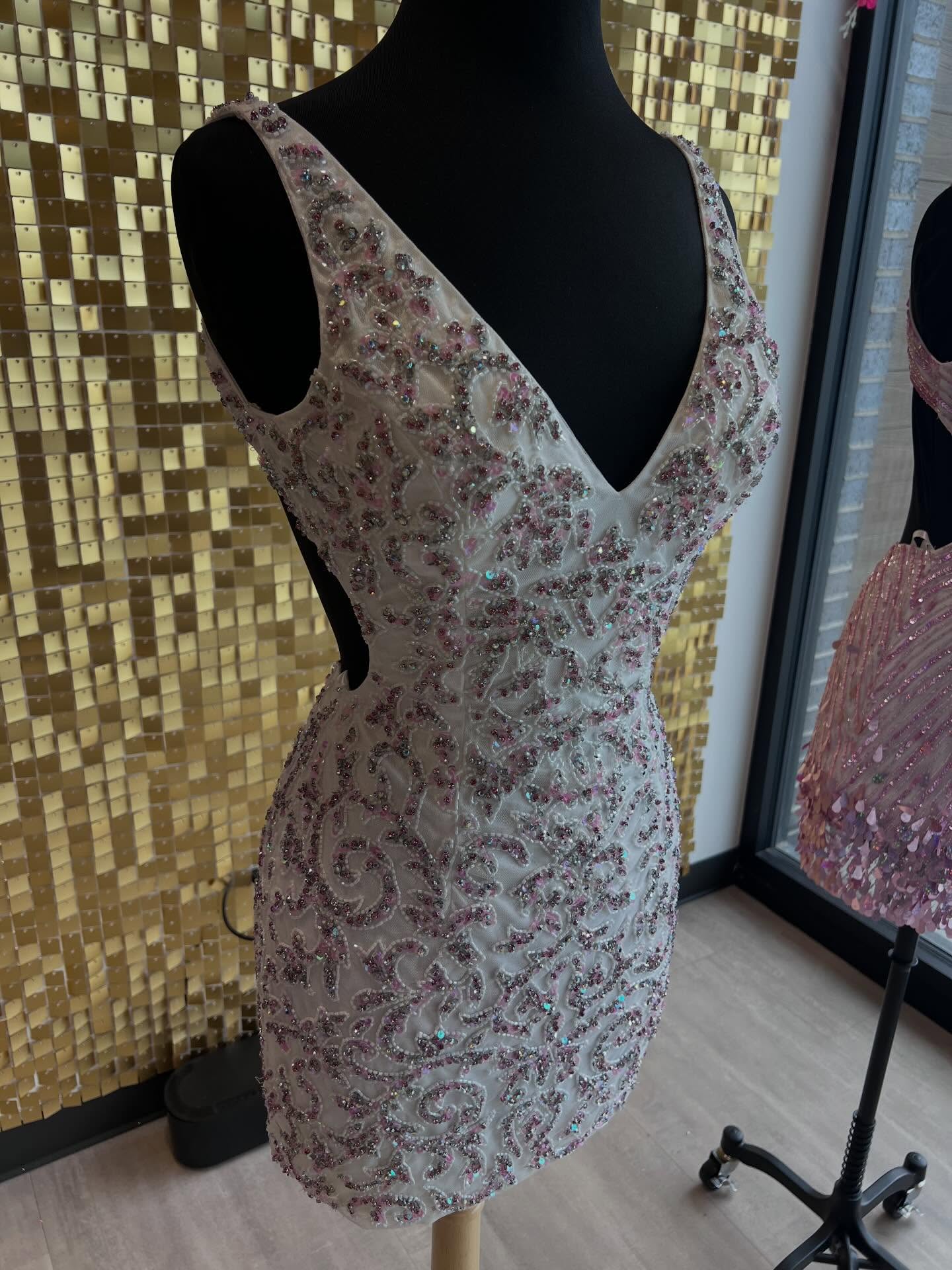 V-Neck Spaghetti Strap Rhinestone Baroque Scroll Bodycon Homecoming Dress Lace-Up Open Back Mini