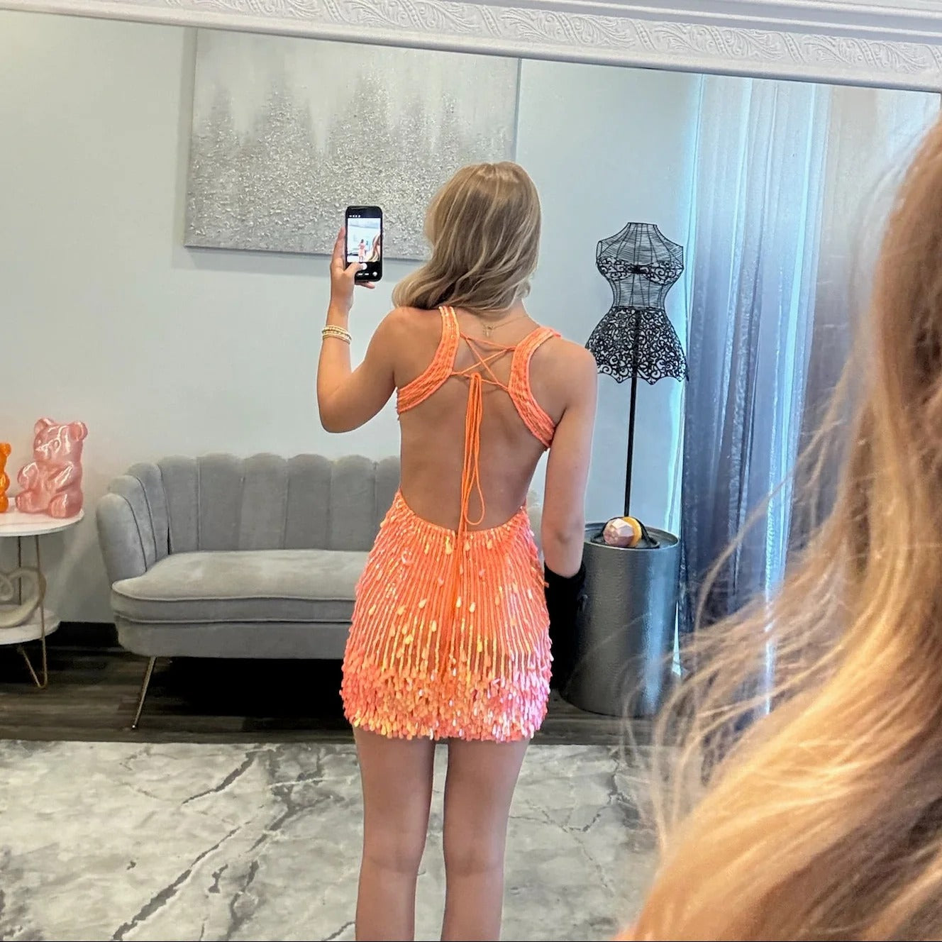 V-Neck Spaghetti Strap Sunburst Sequin Fringe Bodycon Homecoming Dress Lace-Up Open Back Mini
