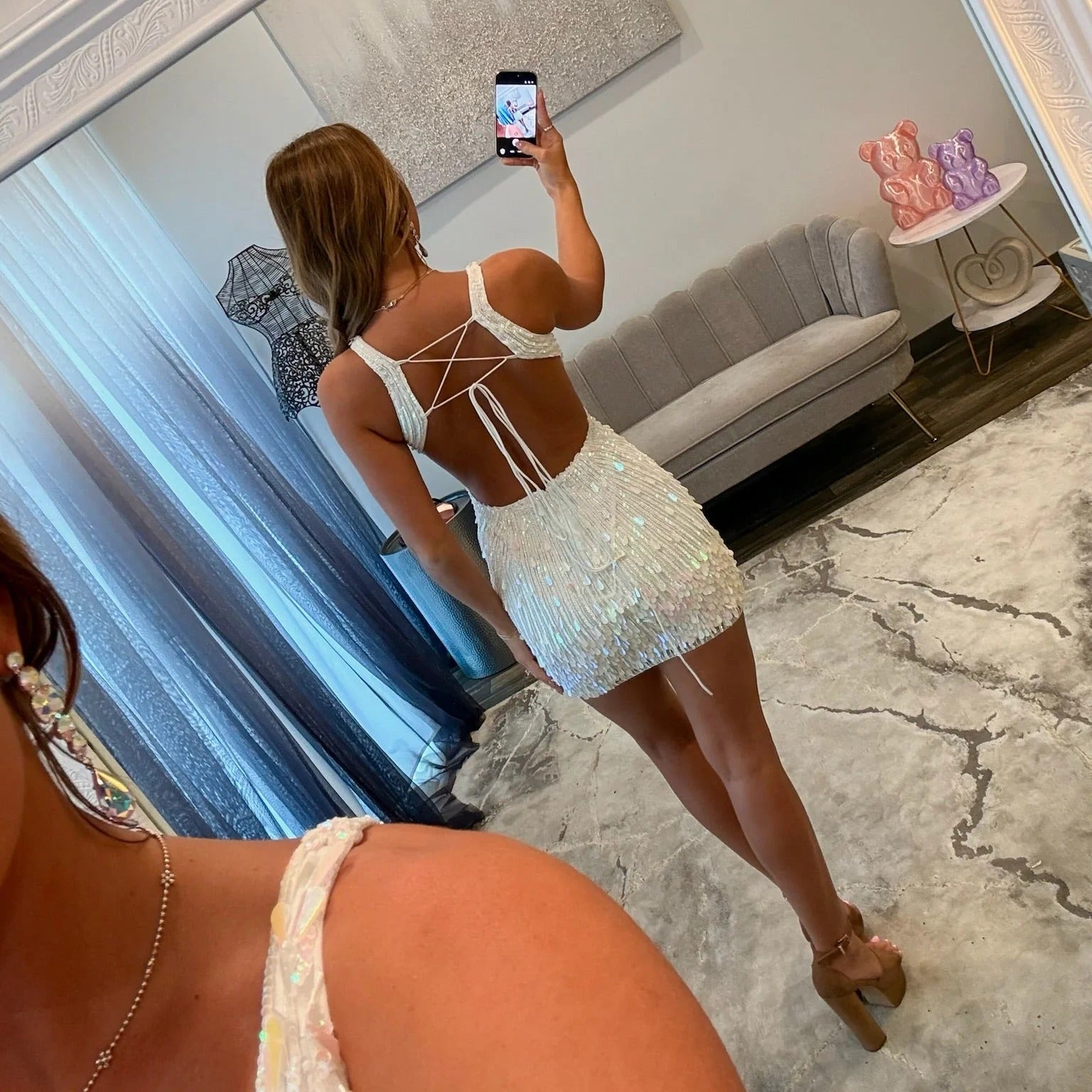 V-Neck Spaghetti Strap Sunburst Sequin Fringe Bodycon Homecoming Dress Lace-Up Open Back Mini