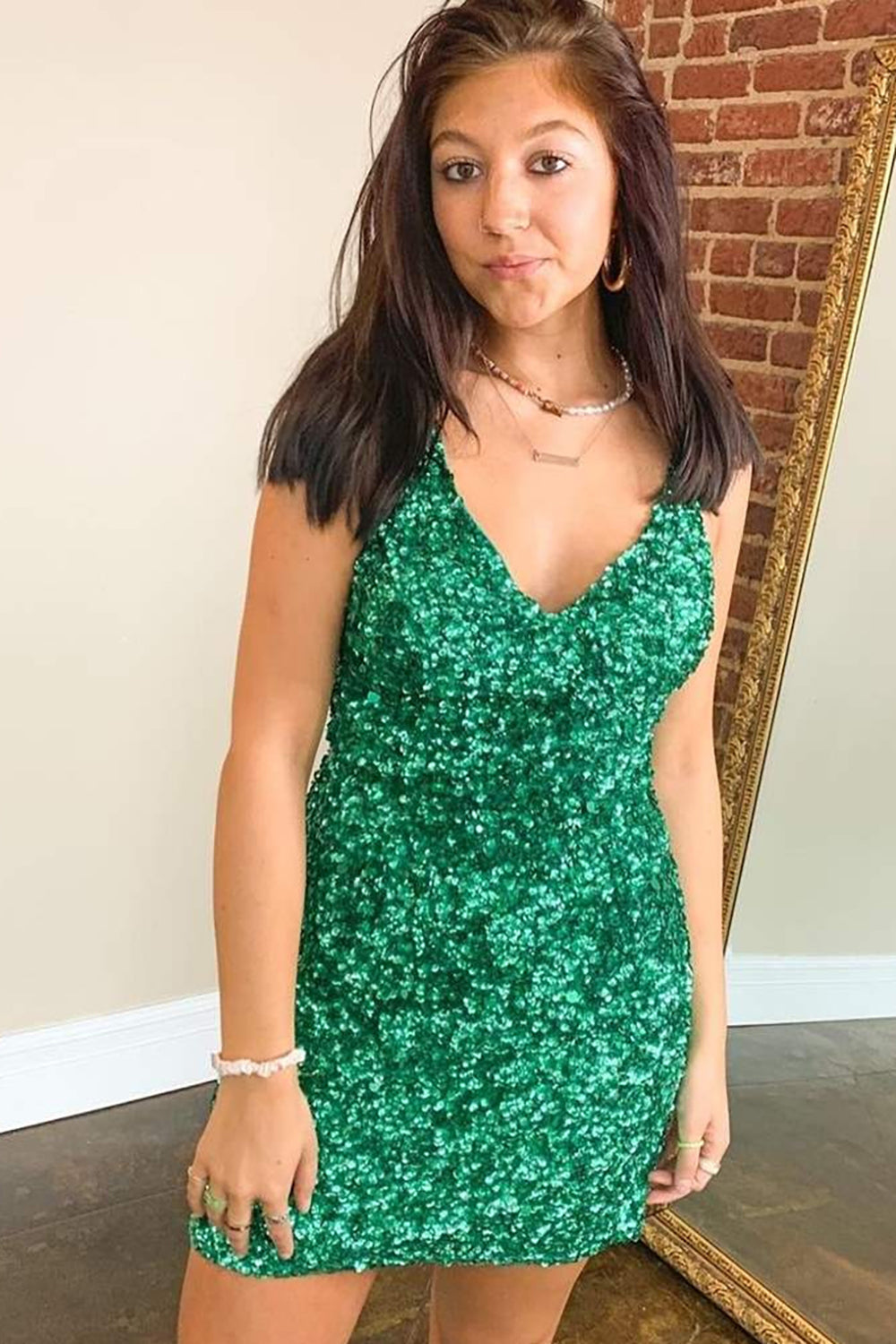 V-Neck Spaghetti Straps All-Over Sequin Criss-Cross Strappy Open Back Bodycon Homecoming Dress Mini