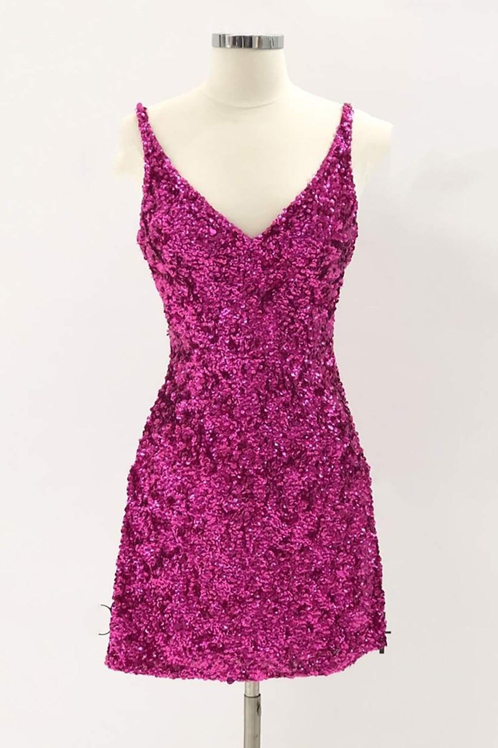V-Neck Spaghetti Straps All-Over Sequin Criss-Cross Strappy Open Back Bodycon Homecoming Dress Mini