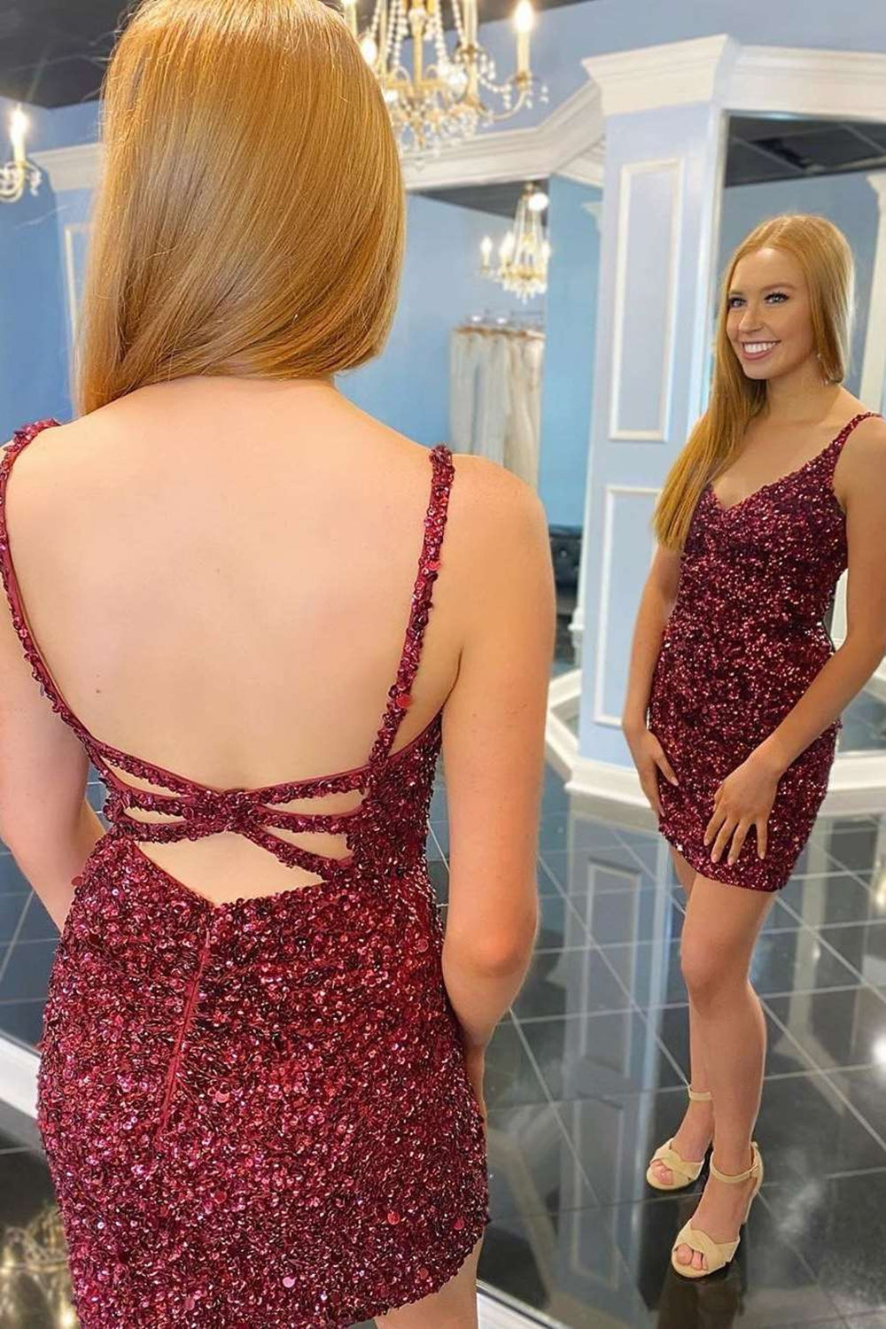 V-Neck Spaghetti Straps All-Over Sequin Criss-Cross Strappy Open Back Bodycon Homecoming Dress Mini