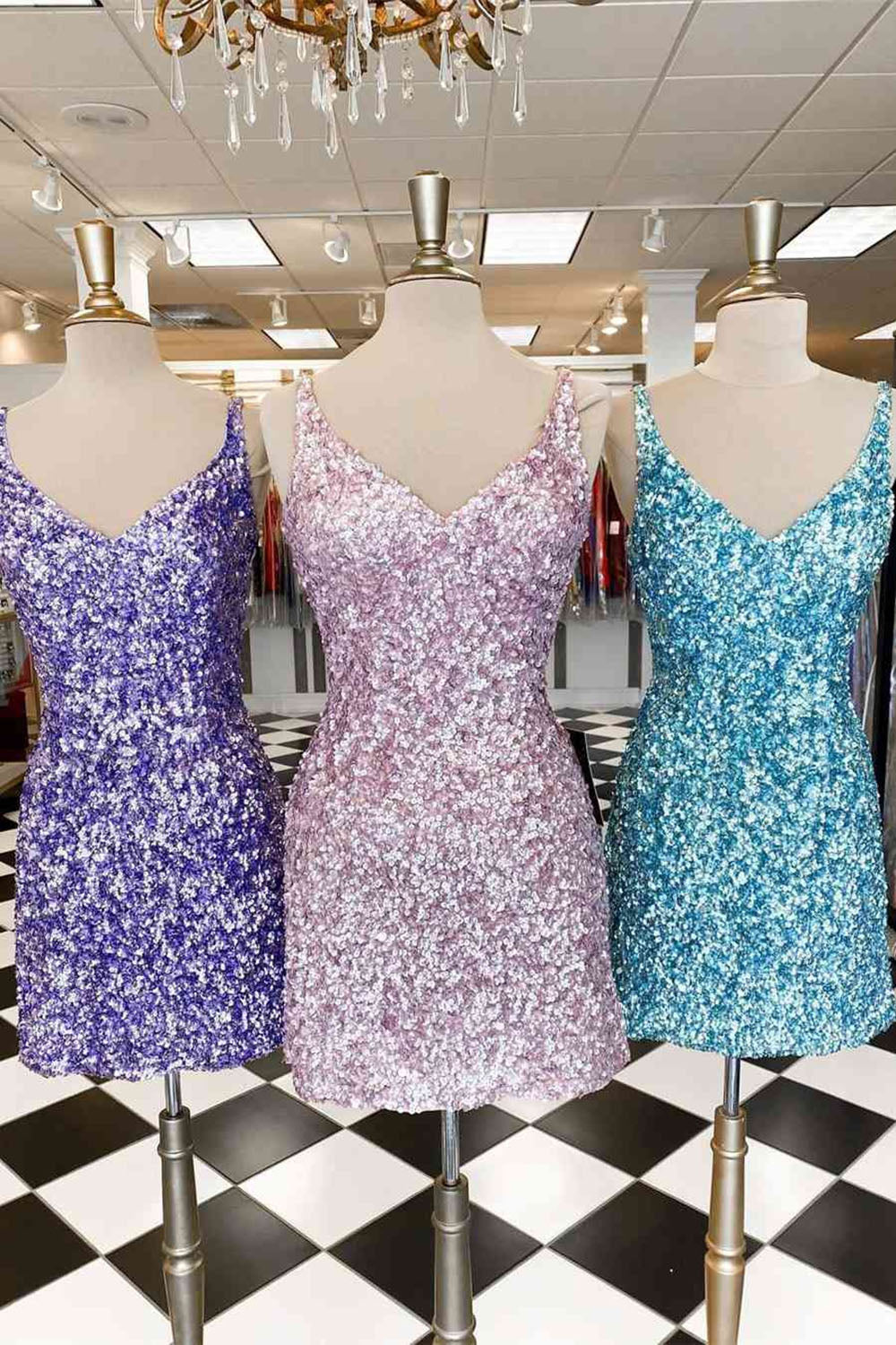V-Neck Spaghetti Straps All-Over Sequin Criss-Cross Strappy Open Back Bodycon Homecoming Dress Mini