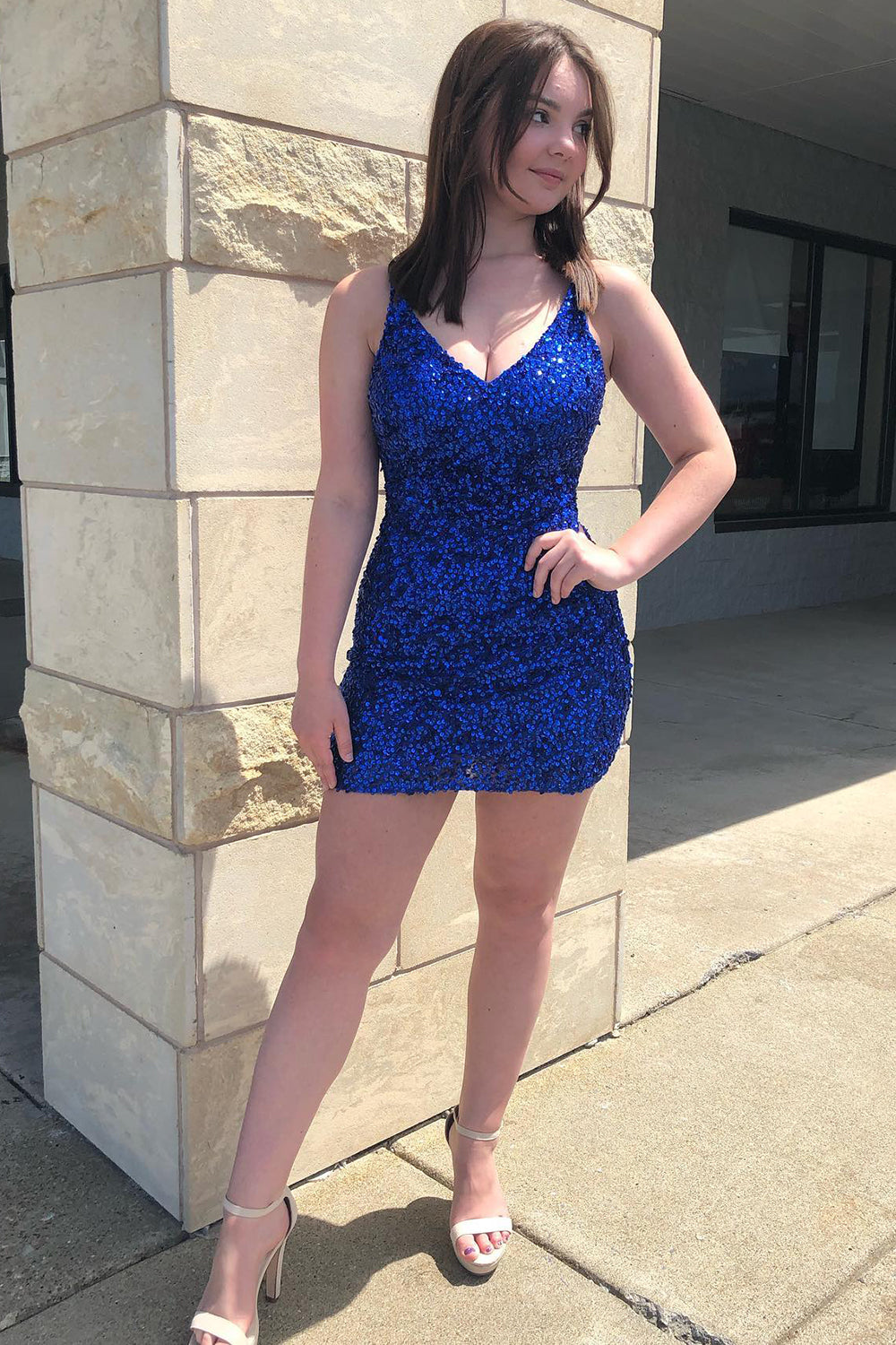V-Neck Spaghetti Straps All-Over Sequin Criss-Cross Strappy Open Back Bodycon Homecoming Dress Mini