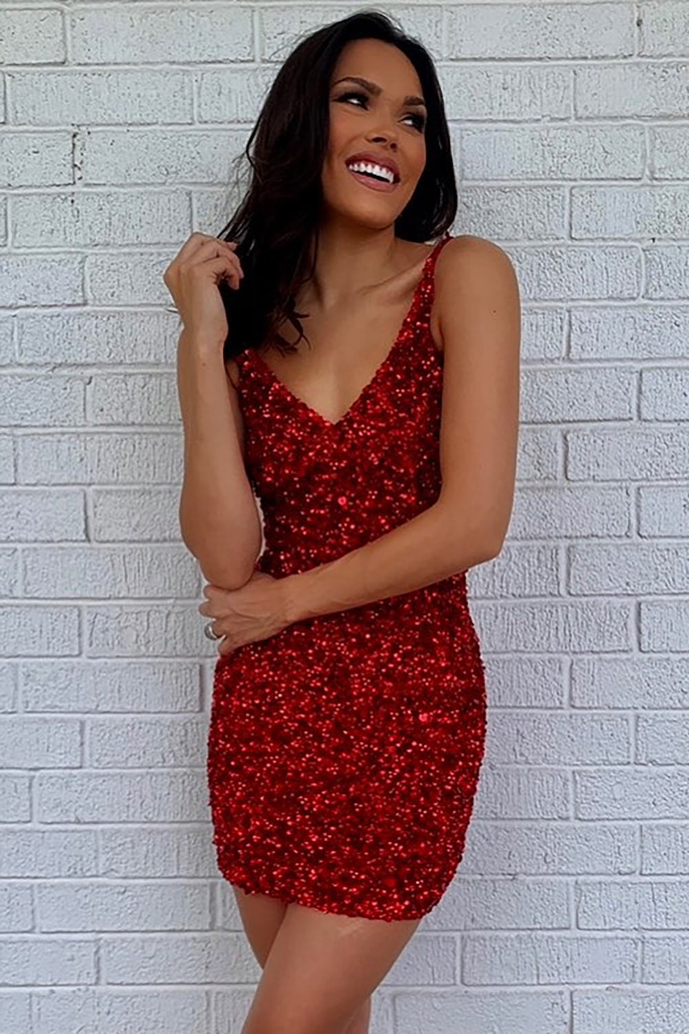V-Neck Spaghetti Straps All-Over Sequin Criss-Cross Strappy Open Back Bodycon Homecoming Dress Mini