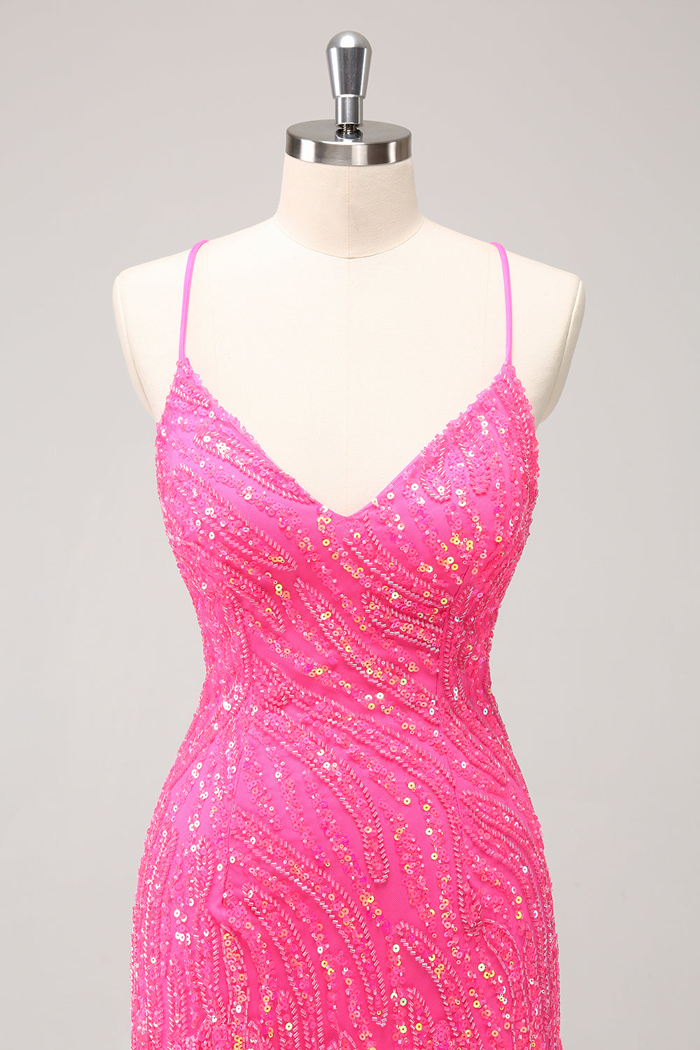 Hot pink v-neck beaded bodycon homecoming dress