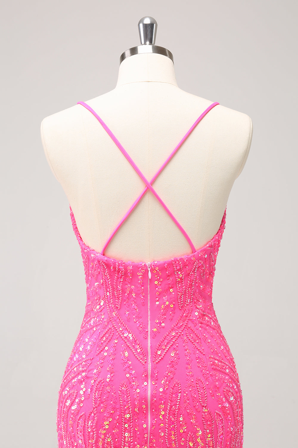 Hot pink v-neck beaded bodycon homecoming dress
