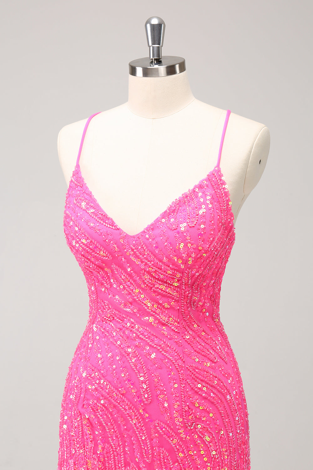 Hot pink v-neck beaded bodycon homecoming dress