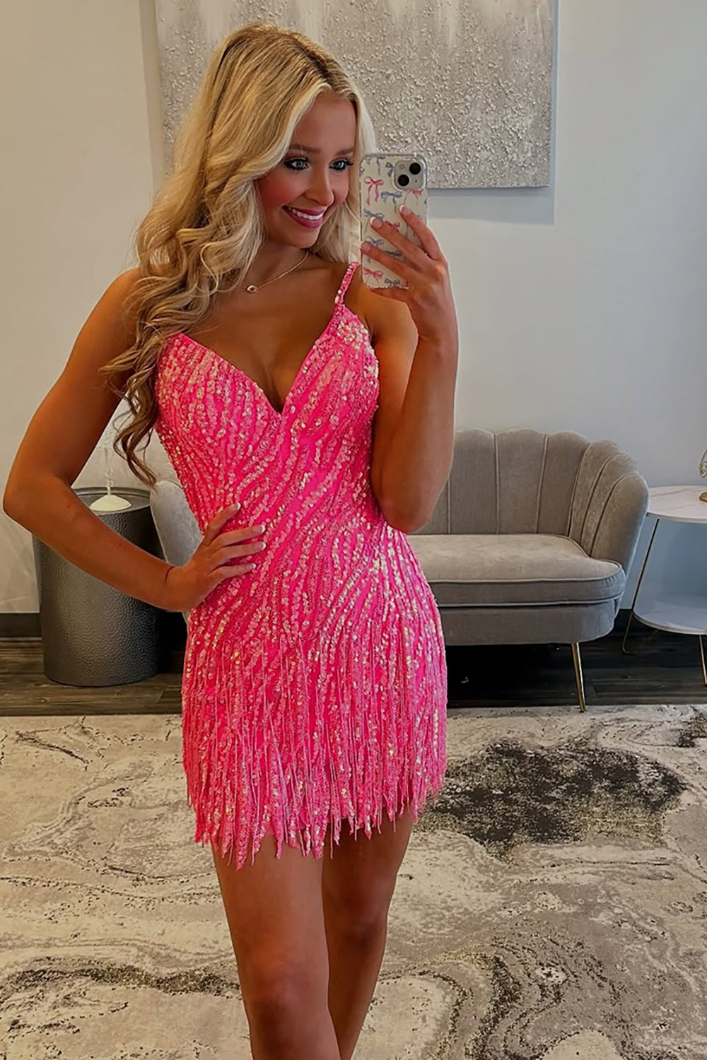 Hot pink v-neck beaded bodycon homecoming dress
