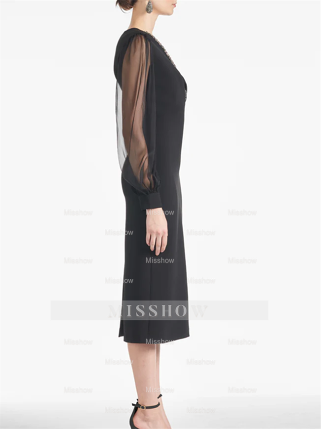 V-Neck Tea-Length Mother of the Bride Sheath/Column Dresses