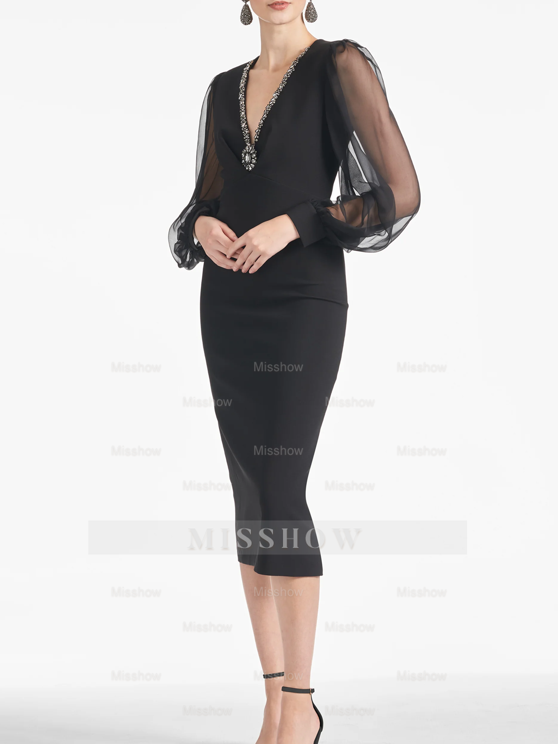 V-Neck Tea-Length Mother of the Bride Sheath/Column Dresses