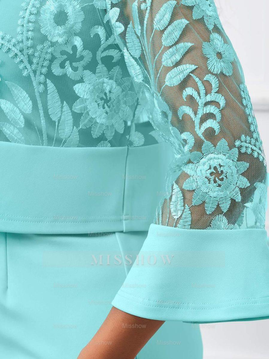 V-Neck Tea-Length Mother of the Bride Sheath/Column Dresses with Appliques and Jacket