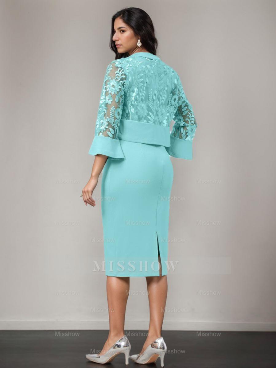 V-Neck Tea-Length Mother of the Bride Sheath/Column Dresses with Appliques and Jacket
