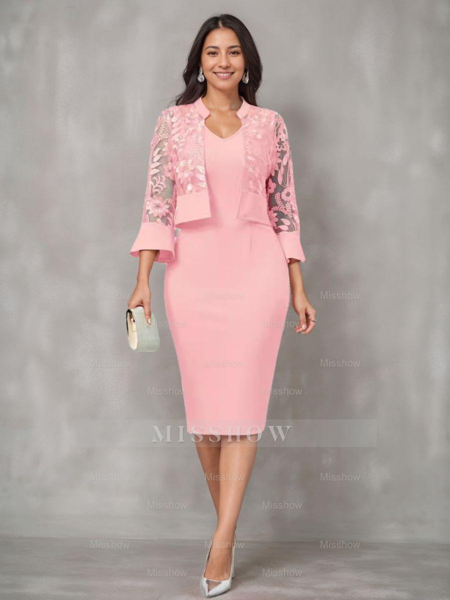 V-Neck Tea-Length Mother of the Bride Sheath/Column Dresses with Appliques and Jacket