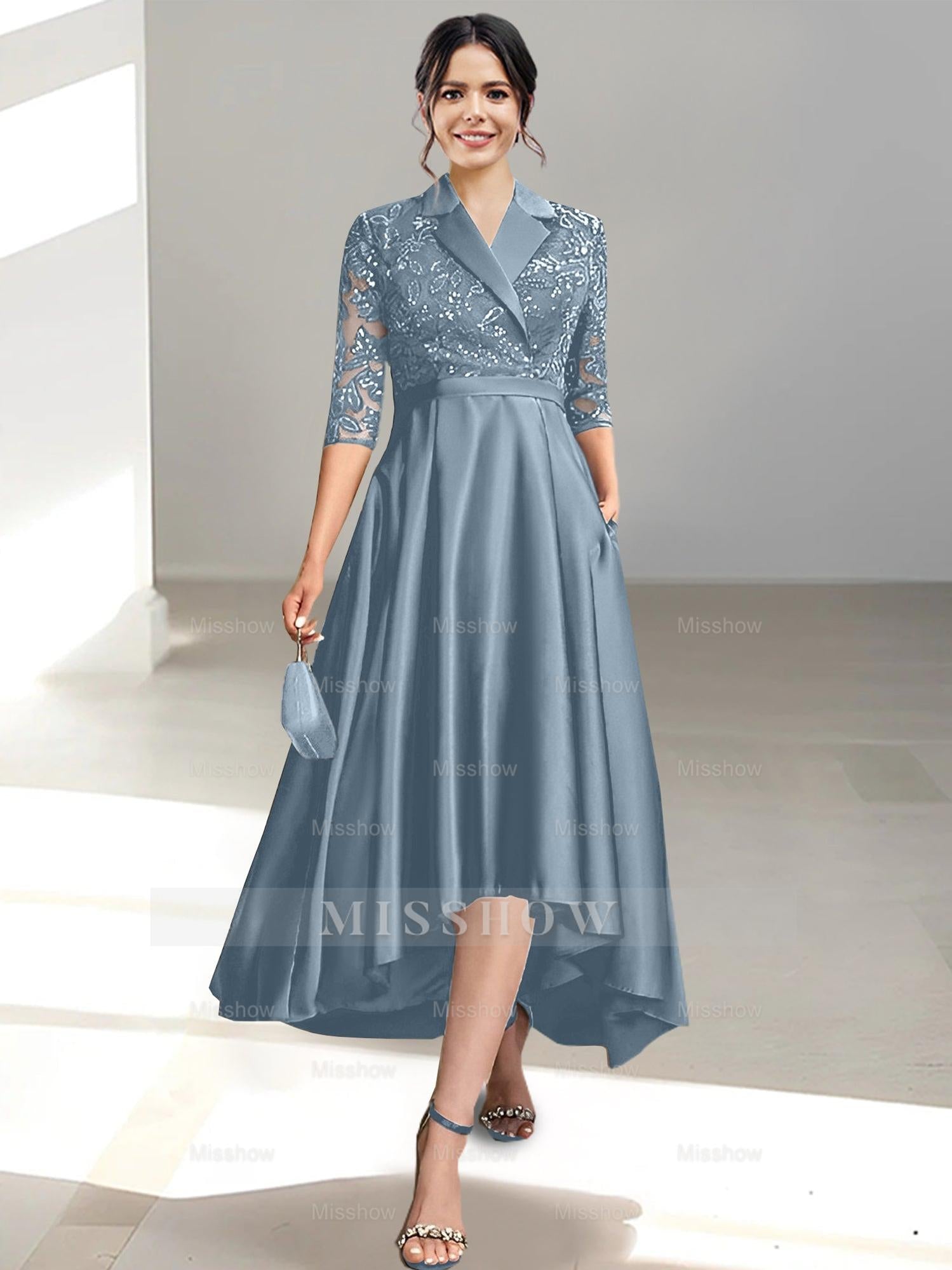 V-Neck Tea-Length Sheath/Column Dresses for the Mother of the Bride