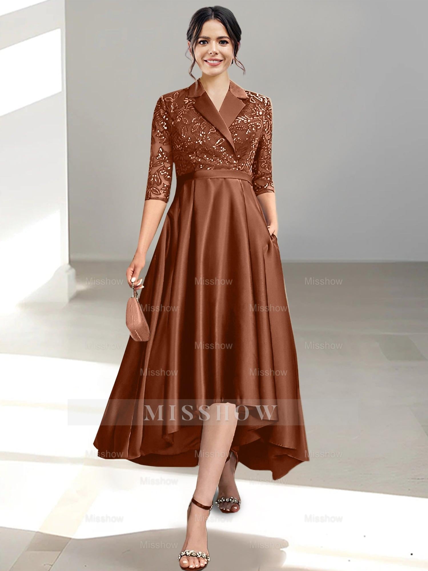 V-Neck Tea-Length Sheath/Column Dresses for the Mother of the Bride