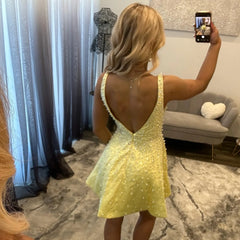V-Neck Thick Strap Pearl Beading Open Back Satin A-Line Homecoming Dress Mini