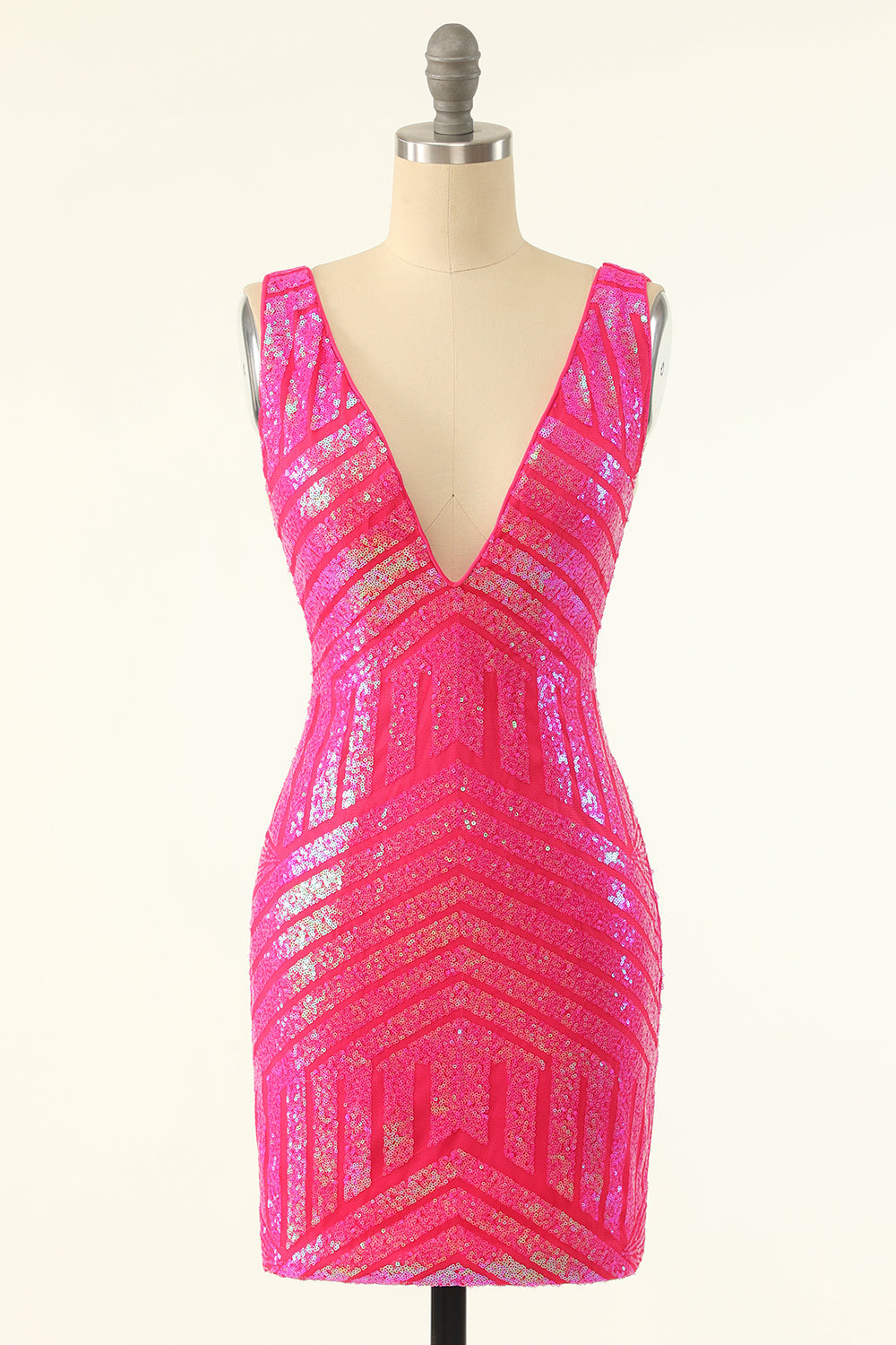 Hot pink v-neck sequin bodycon homecoming dress
