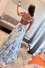 V-neck A-Line Chiffon Prom Dress with Blue White Flower Print Tiered Long Design and Slit