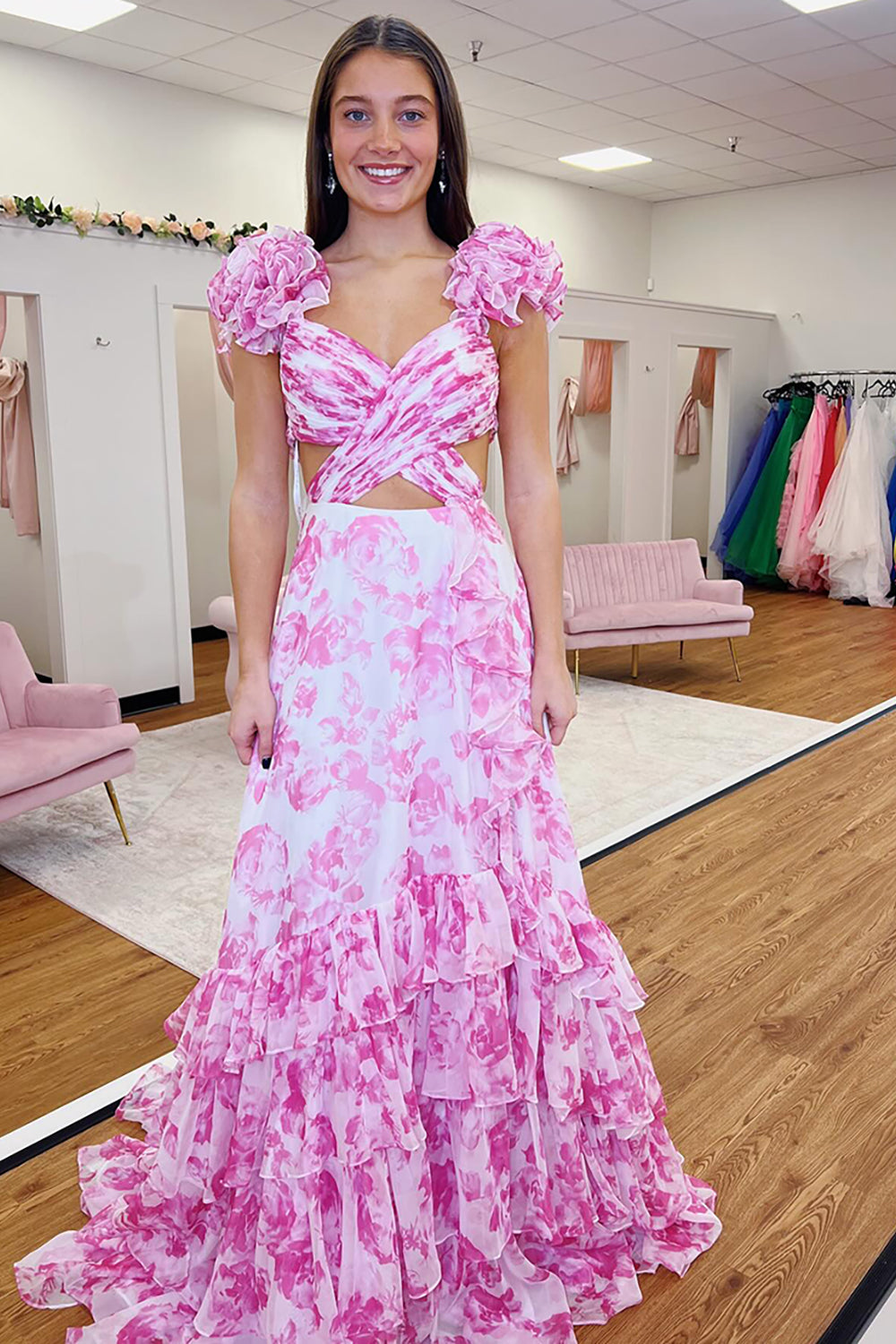 V-neck A-Line Chiffon Prom Dress with Blue White Flower Print Tiered Long Design and Slit