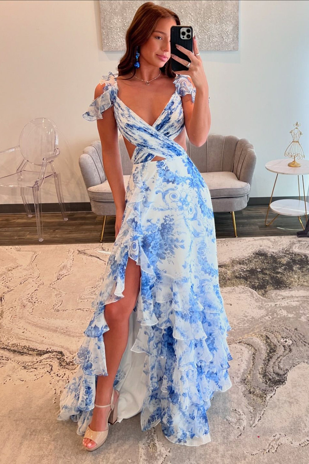 V-neck A-Line Chiffon Prom Dress with Blue White Flower Print Tiered Long Design and Slit