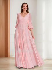 V-neck A-Line Princess Floor-Length Mother of the Bride Dress with 3/4 Sleeves and Ruffles