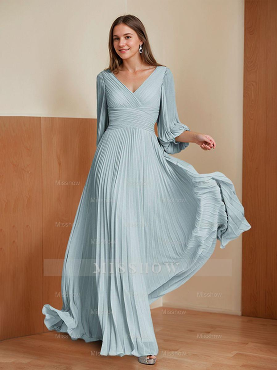 V-neck A-Line Princess Floor-Length Mother of the Bride Dress with 3/4 Sleeves and Ruffles