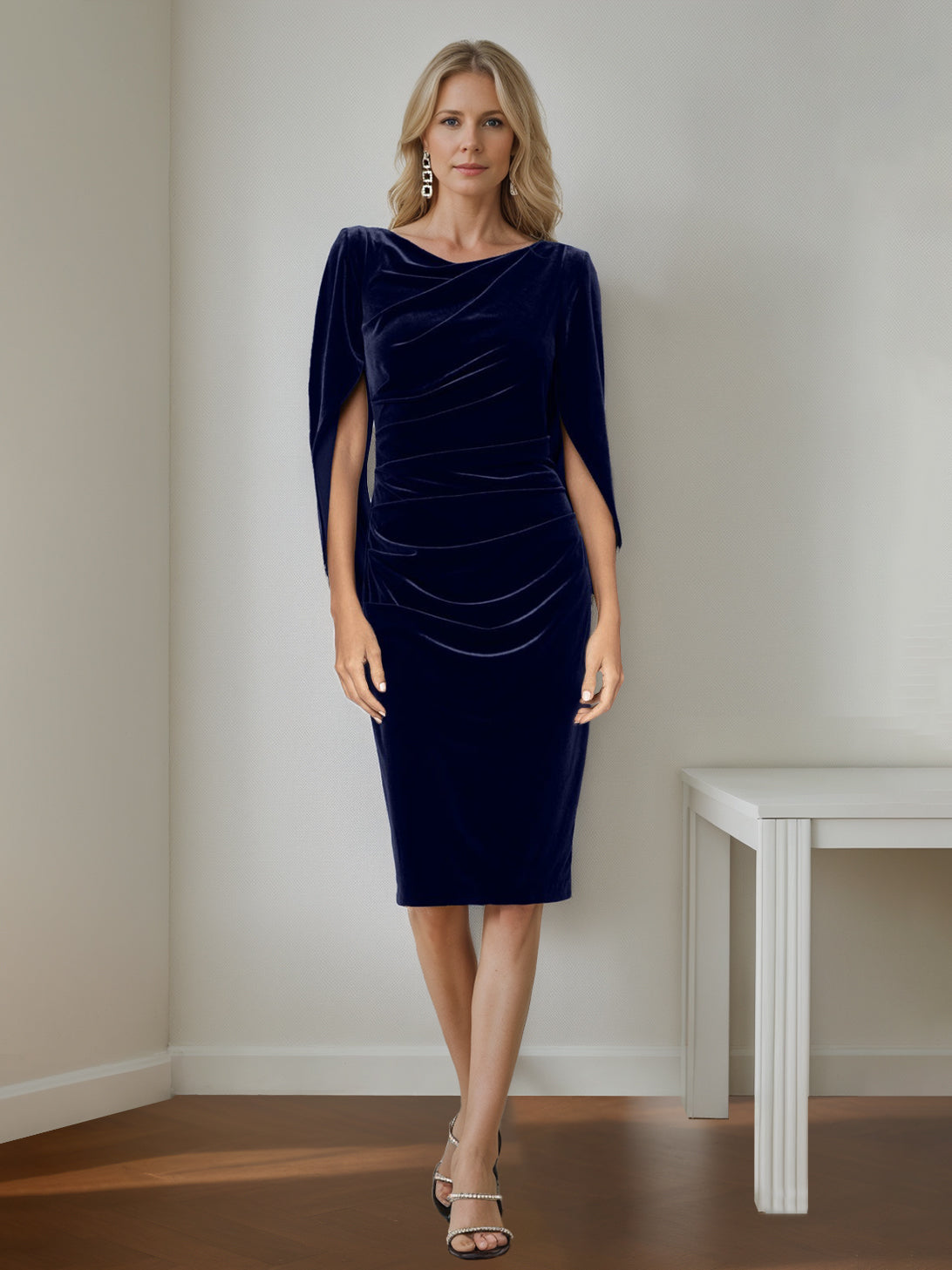 Velvet Mother of the Bride Dresses with Ruffles: A-Line Princess Scoop Half Sleeves Knee-Length