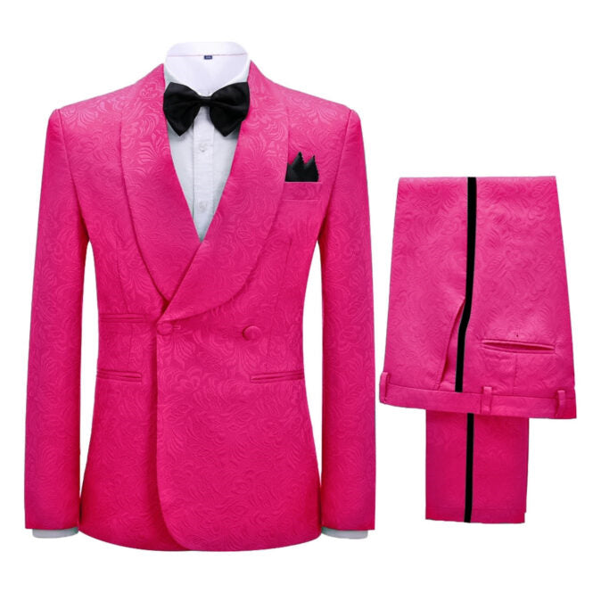 Vibrant Pink Jacquard Shawl Collar Double Breasted Close Cut Groom's Suit