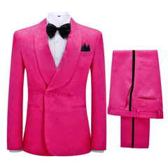 Vibrant Pink Jacquard Shawl Collar Double Breasted Close Cut Groom's Suit