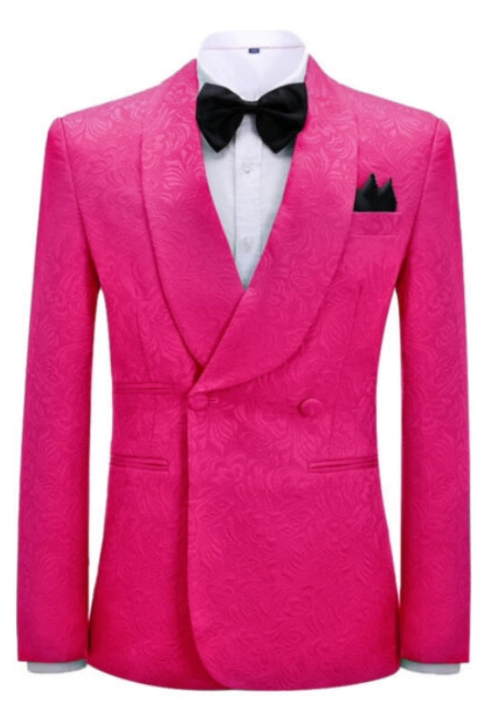 Vibrant Pink Jacquard Shawl Collar Double Breasted Close Cut Groom's Suit