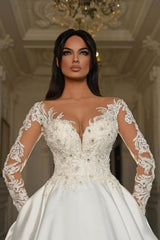 Vintage A Line Long Sleeve White Beaded Lace-up Lace Ball Gown Wedding Dresses with Pearls