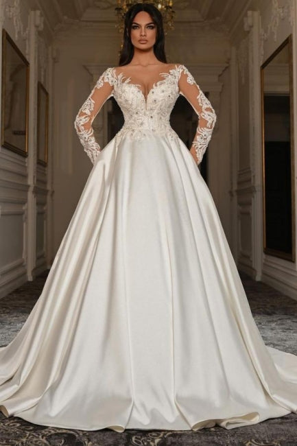 Vintage A Line Long Sleeve White Beaded Lace-up Lace Ball Gown Wedding Dresses with Pearls