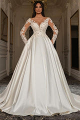 Vintage A Line Long Sleeve White Beaded Lace-up Lace Ball Gown Wedding Dresses with Pearls
