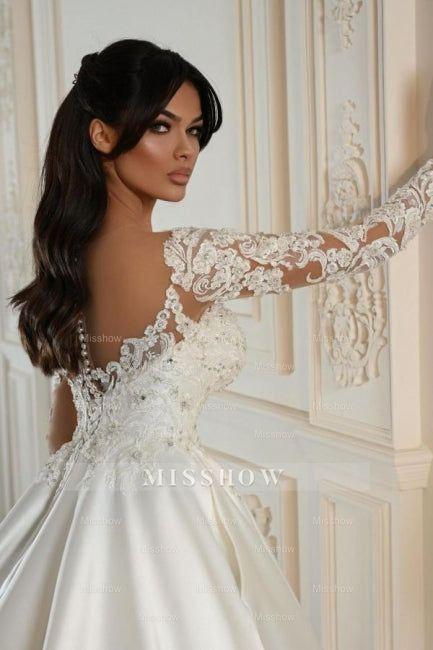 White v-neck applique ball gown wedding dress