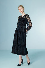 Vintage Black Tea Length Lace A-line Dress with Long Sleeves