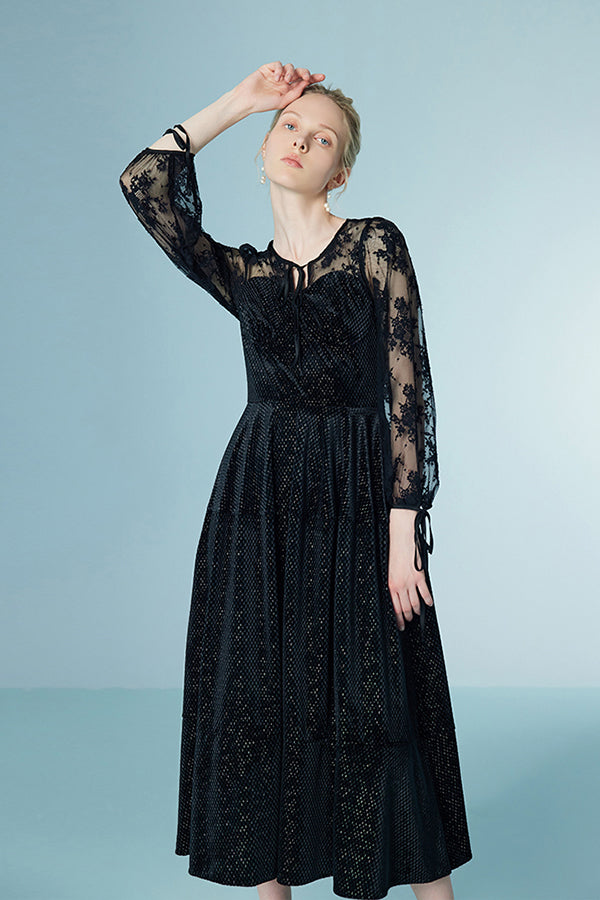 Vintage Black Tea Length Lace A-line Dress with Long Sleeves
