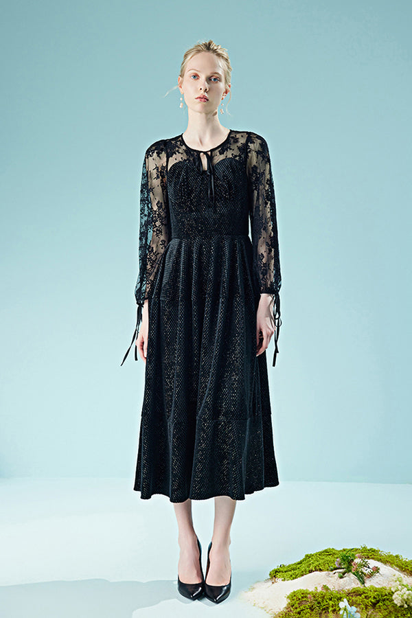 Vintage Black Tea Length Lace A-line Dress with Long Sleeves