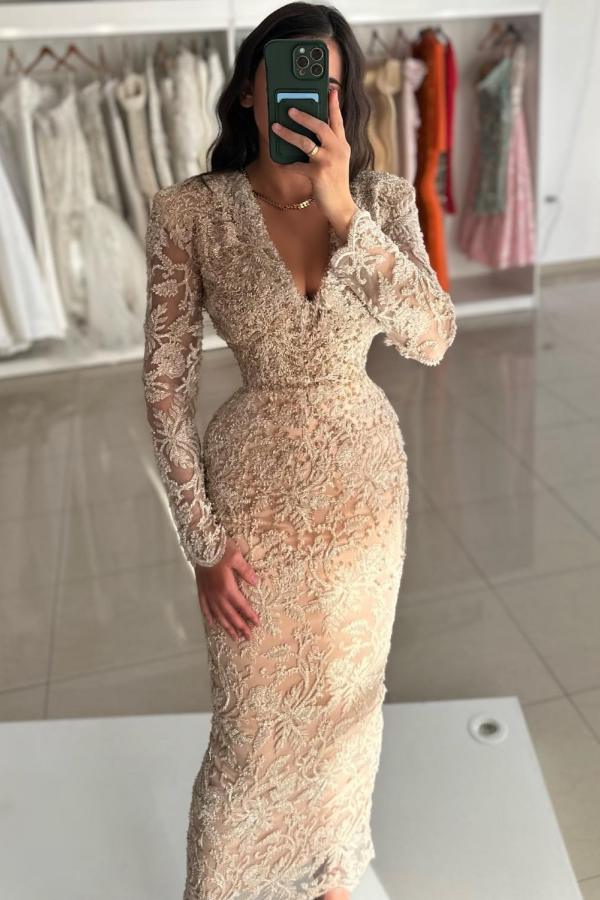 Vintage Champagne Column V-Neck Long Sleeves Beading Lace Ankle-Length Evening Dresses
