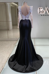 Vintage Column Satin Lace V-Neck Long Sleeve Black Prom Evening Dresses With Beading