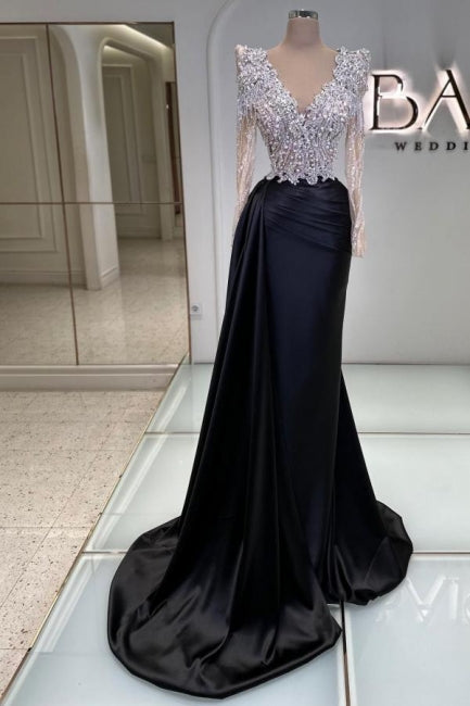 Vintage Column Satin Lace V-Neck Long Sleeve Black Prom Evening Dresses With Beading