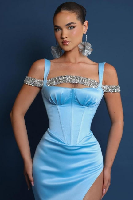 Vintage Column Satin Square Sleeveless Prom Evening Dresses With Split Front