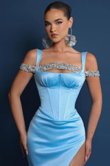 Vintage Column Satin Square Sleeveless Prom Evening Dresses With Split Front
