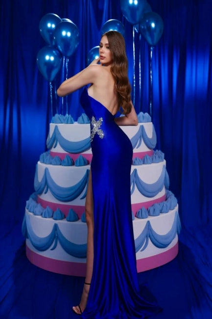 Vintage Column Satin V-Neck Sleeveless Blue Prom Evening Dresses With Ruffles Split